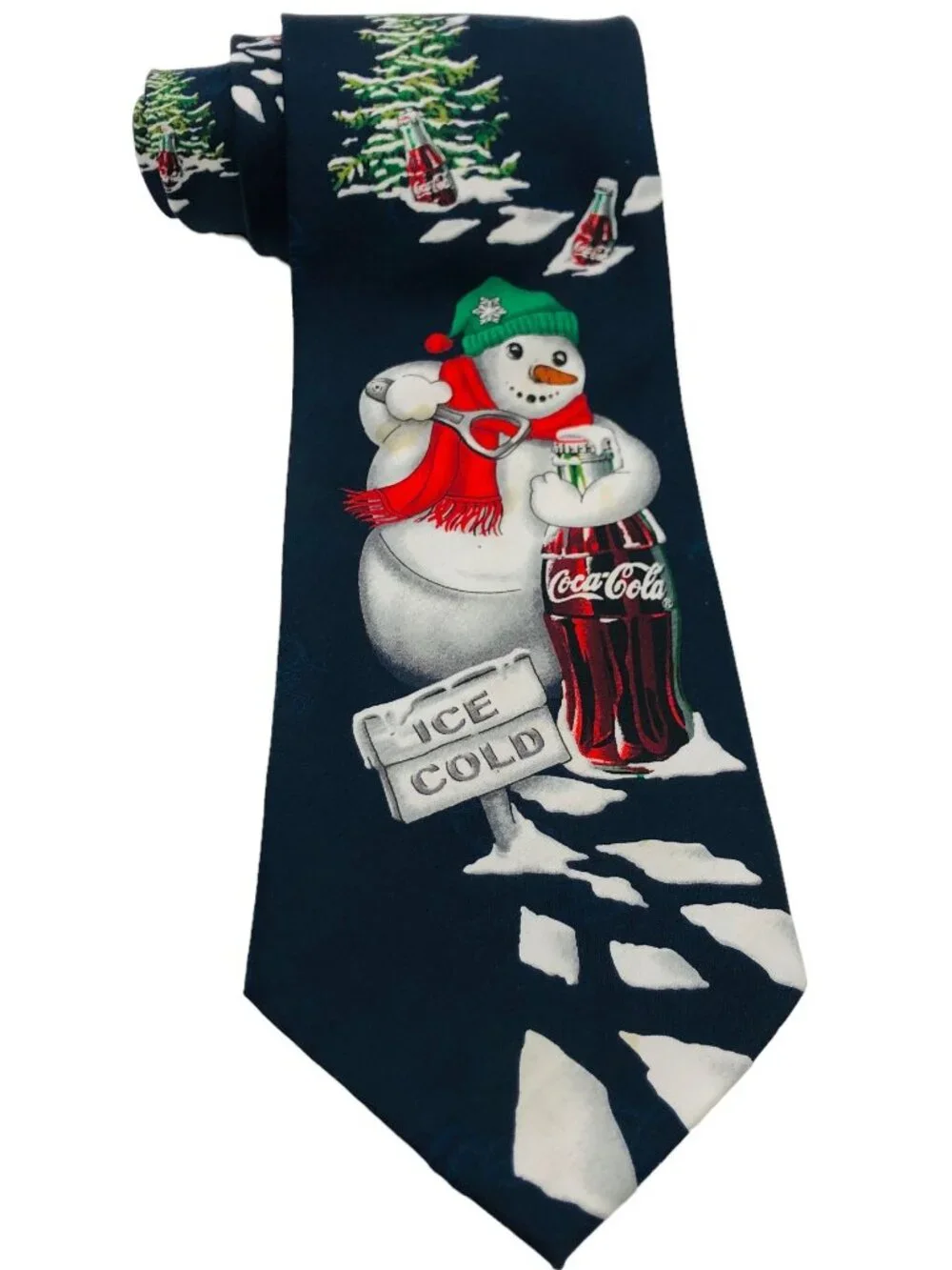 Vtg Coca-Cola Christmas Snowman Necktie Coke Bottle Ice Cold Polyester